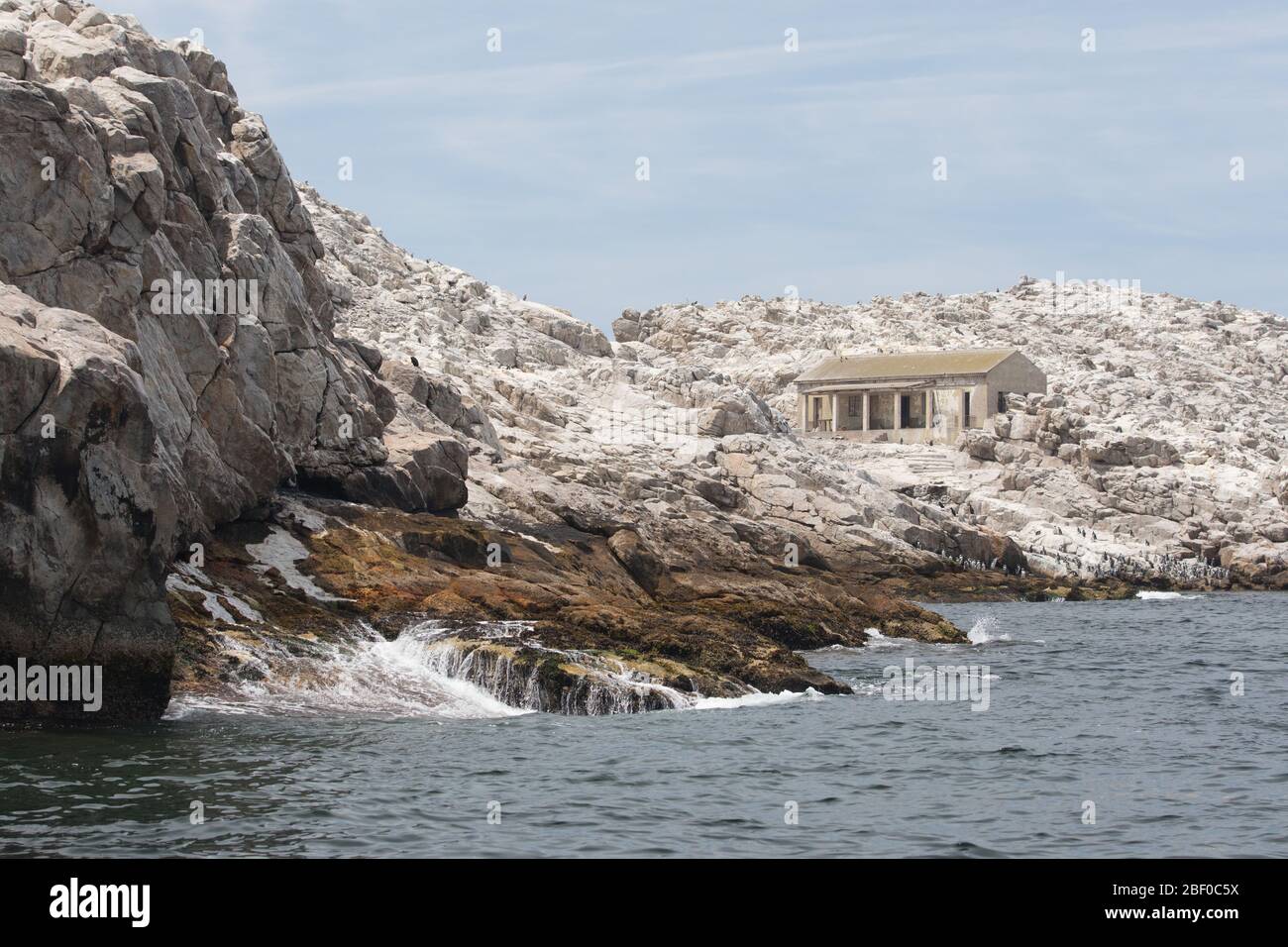 Isola di Saint Croix nella baia di Algoa, Baia di Nelson Mandela, Port Elizabeth, Sudafrica, sostiene la più grande colonia di allevamento di pinguino africano in via di estinzione Foto Stock