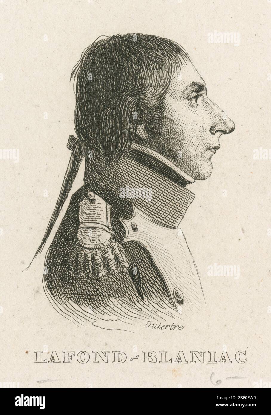 Incisione antica, il generale Guillaume Joseph Nicolas de Lafon-Blaniac, generale della cavalleria e aiutante-de-camp a Joseph Bonaparte che comandò le province di Napoli e Spagna. FONTE: INCISIONE ORIGINALE Foto Stock