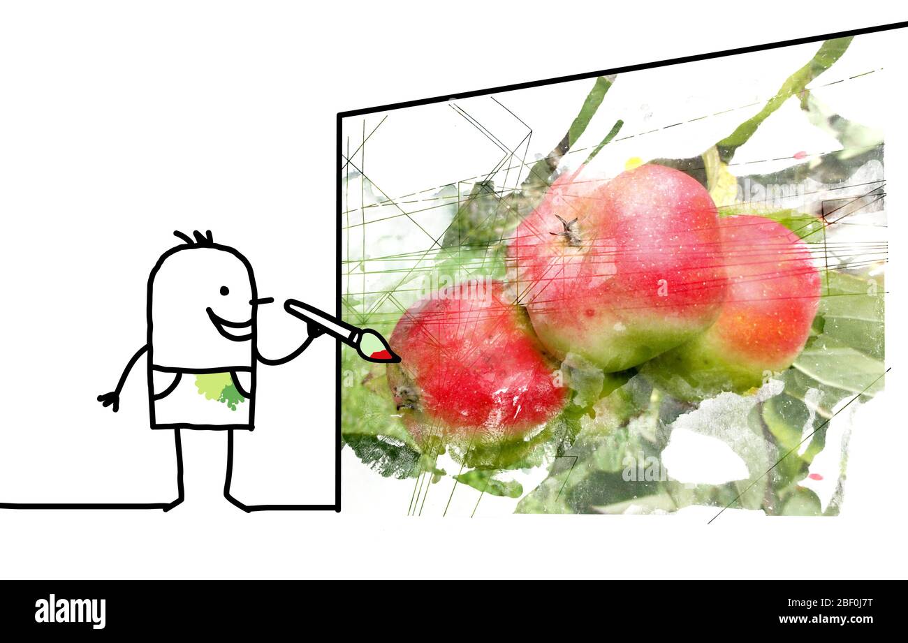 Artista Cartoon disegnato a mano dipingendo e progettando grandi mele fresche su una parete Foto Stock