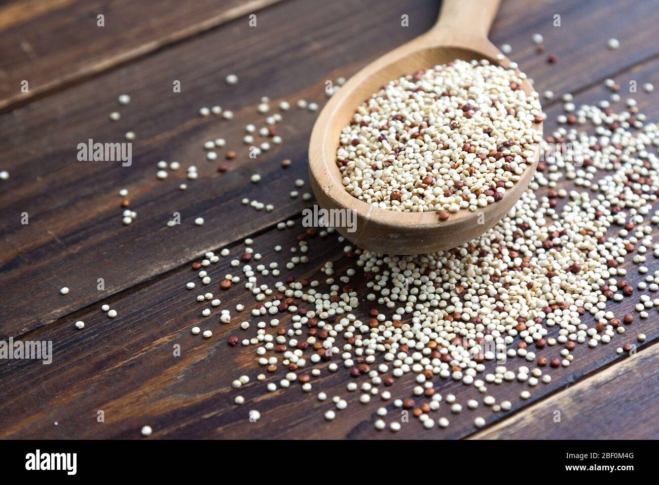 Chicchi di quinoa biologica in cucchiaio di legno, senza glutine. Concetto di cibo sano. Dieta. Semi di Chenopodium quinoa Foto Stock