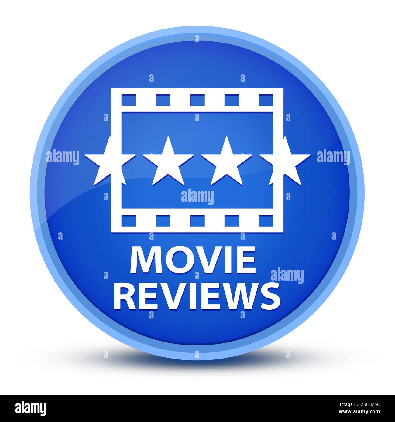 Icona di Recensioni dei film isolata su speciale blu rotondo pulsante illustrazione astratta Foto Stock