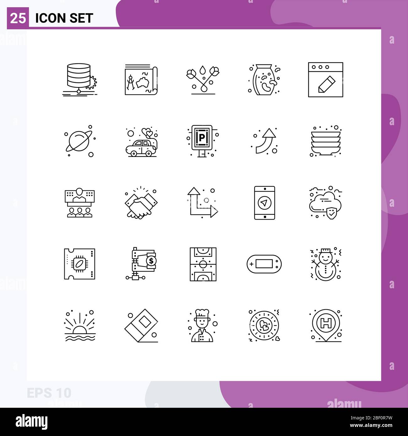 Set di 25 icone moderne dell'interfaccia utente simboli per app, supermercato, libro, dadi, piante elementi di disegno vettoriale editabili Illustrazione Vettoriale