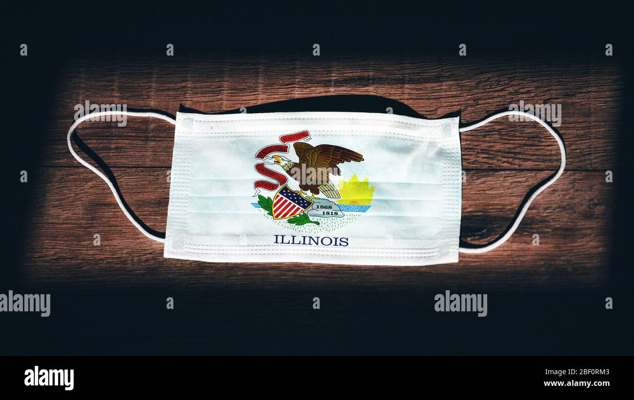 Bandiera Illinois. Coronavirus Covid 19 nello Stato degli Stati Uniti. Maschera medica isolato su sfondo nero. Maschere per viso e bocca per la protezione contro l'ingresso aereo Foto Stock