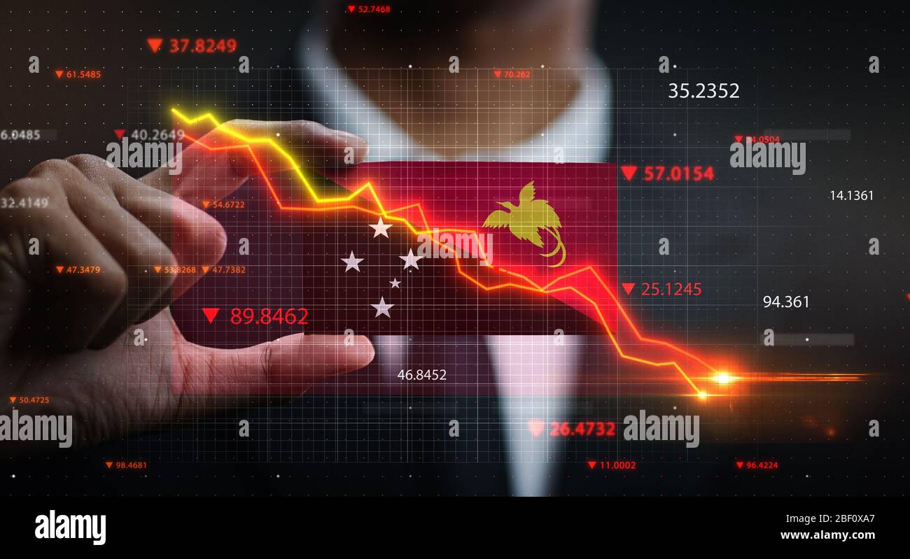 Grafico che cade di fronte alla bandiera Papua Nuova Guinea. Concetto di crisi Foto Stock