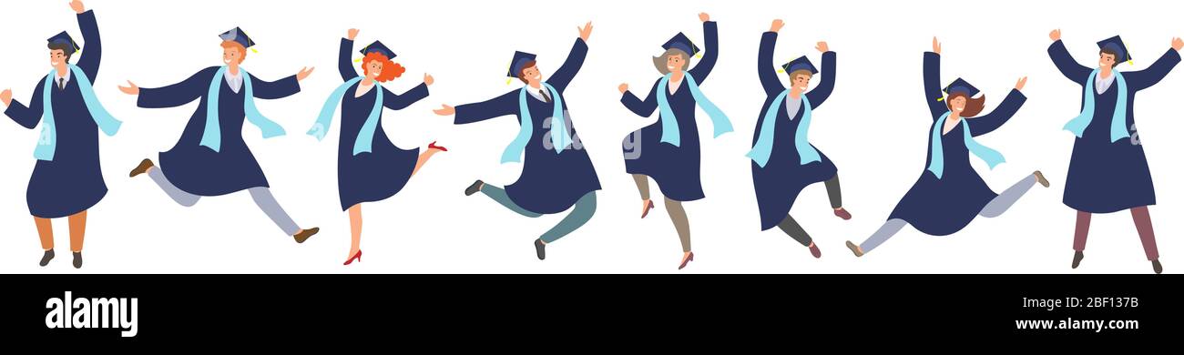 Happy jamping laureati in abiti di laurea in stile cartoon . Cerimonia di laurea di successo, concetto di istruzione. Illustrazione vettoriale. Illustrazione Vettoriale