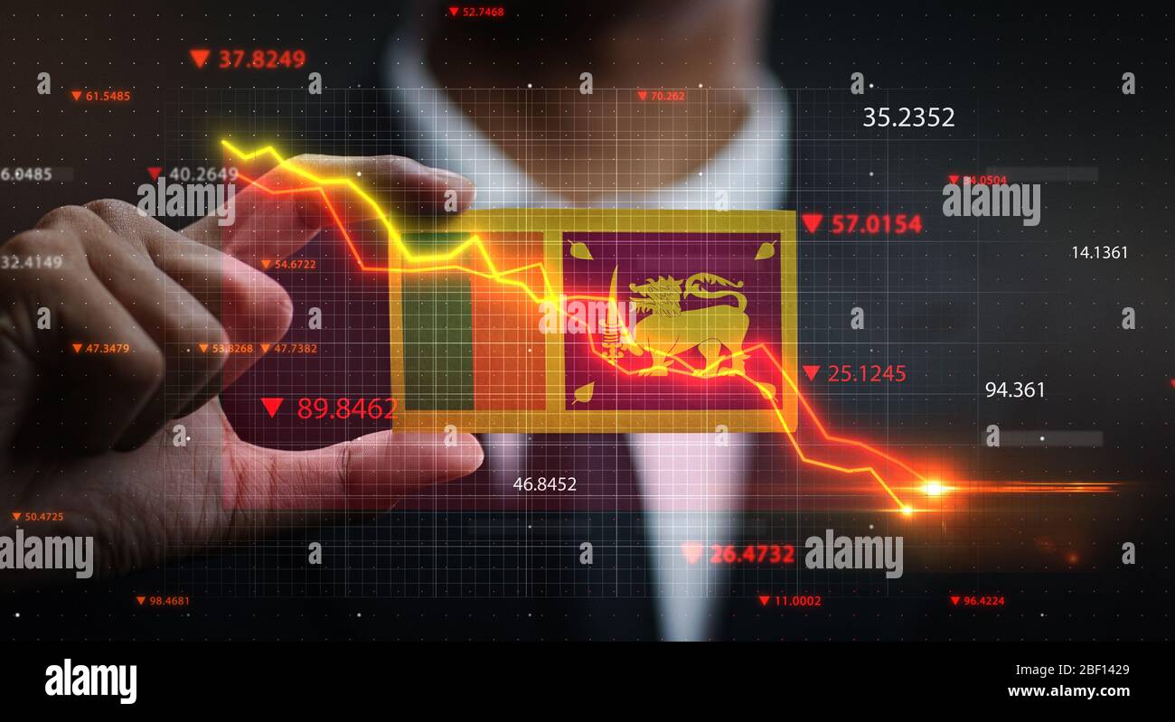 Grafico che cade in giù di fronte alla bandiera dello Sri Lanka. Concetto di crisi Foto Stock