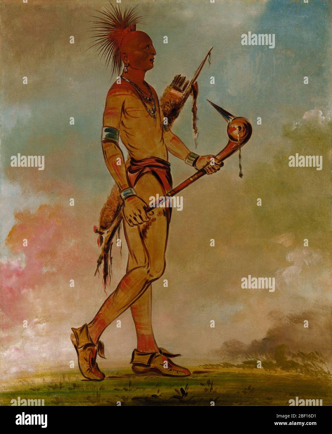 Shingawssa bell'uccello. George Catlin ha descritto il bell'uccello, membro della tribù Osage/Wa-zha-zhe i-e, come un "splendido compagno, alto circa otto centimetri, con un club di guerra e una faretra". In un altro racconto sulle maniere, le usanze e le condizioni, l'artista ha descritto il club di guerra come "un altro civ Foto Stock