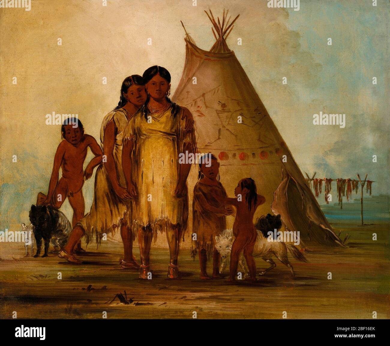 Due Comanche Girls. La scena, dipinta da George Catlin in un villaggio di Comanche nel 1834, mostra "il wigwam del Capo, i suoi cani e i suoi cinque figli". L'artista ha anche descritto il villaggio come "sei o ottocento casette ricoperte di pelle, fatte di pali e pelli di bufalo, proprio come te Foto Stock