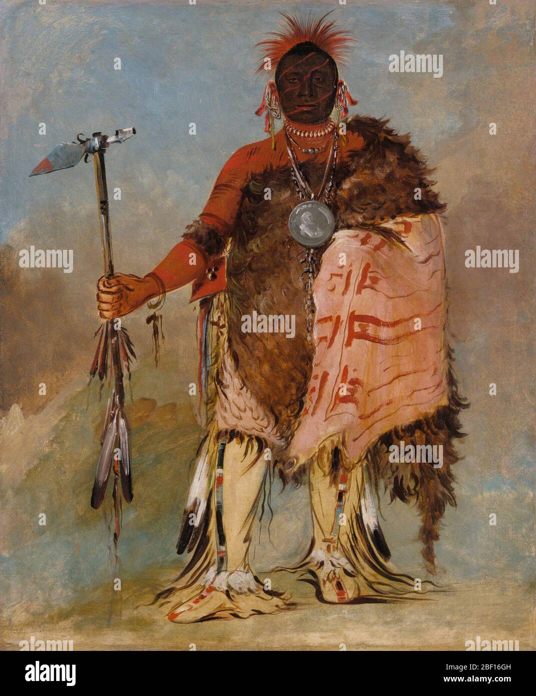 Ompahtnga Big Elk un famoso guerriero. Guerriero della tribù Omaha, Big Elk sedette per il suo ritratto, secondo George Catlin, "con il suo tomahawk in mano, e il volto dipinto di nero, per la guerra". Catlin dipinse probabilmente questa immagine a Fort Leavenworth (nell’odierno Kansas) nel 1832. Foto Stock