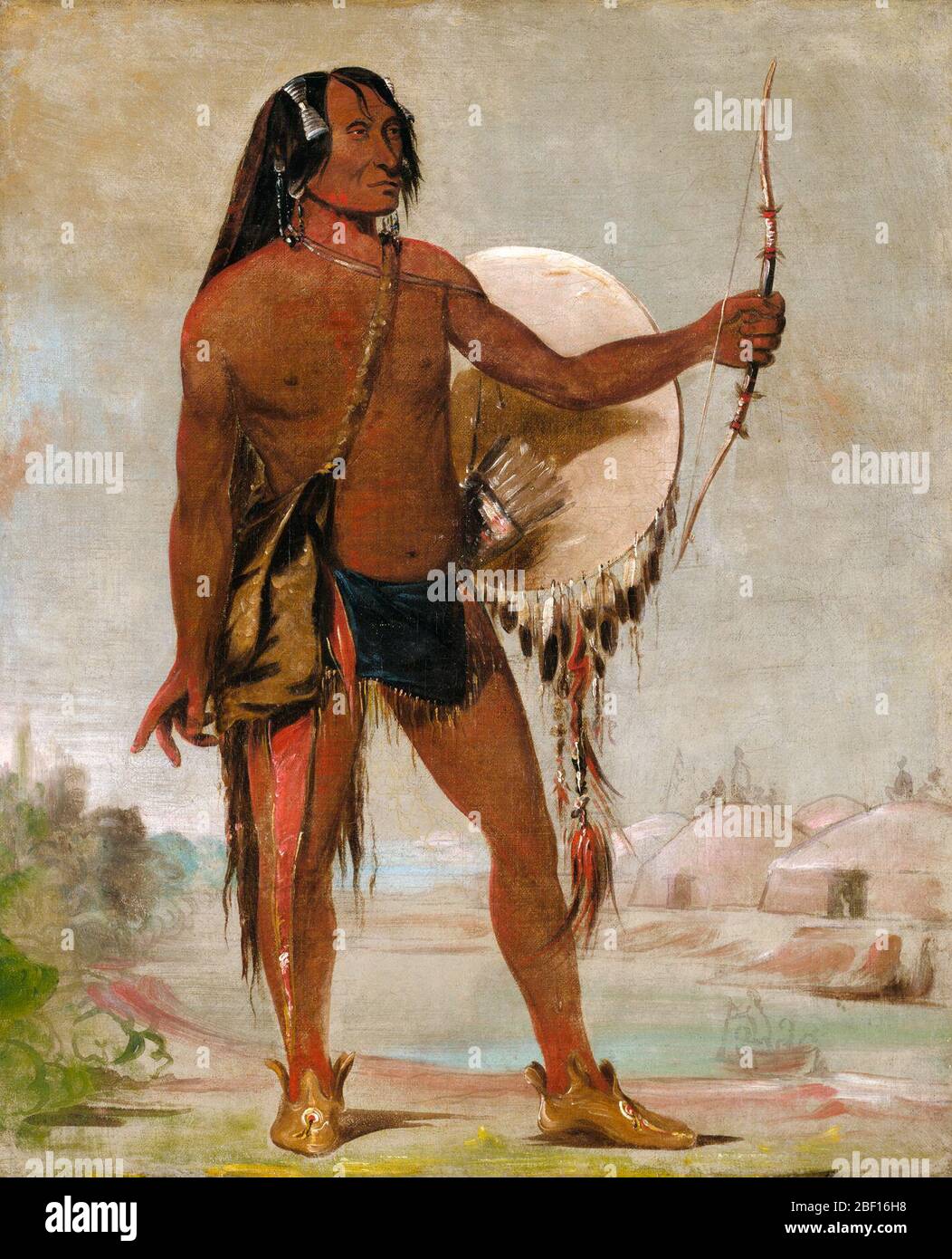 Eeachnchea Rosso Thunder Figlio di Moccasin Nero. Figlio di Moccasin Nero [Hidatsa capo].. Che è considerato uno dei guerrieri più disperati della sua tribù, ho anche dipinto a tutta lunghezza, nel suo vestito da guerra, con il suo arco in mano, il suo cavaliere uccisa, e il suo scudo sul suo braccio. Foto Stock