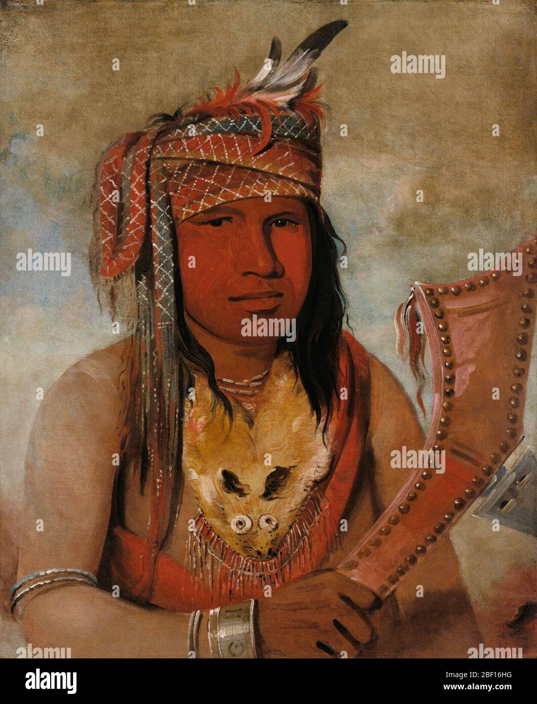 Ianbewahdick Male Caribou un coraggioso. George Catlin descrisse Male Caribou, un membro della tribù Ojibwe/Chippewa, come "un coraggioso, con un club di guerra in mano". Questo ritratto è stato dipinto dalla vita a Sault Ste. Marie, situata tra il Lago superiore e il Lago Huron, durante l'unica visita di Catlin nel 1836. Foto Stock