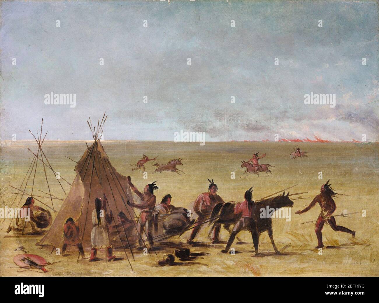 La famiglia indiana allarmato all'avvicinarsi di un fuoco di Prairie. "Le praterie che bruciano formano alcune delle scene più belle che si possono vedere in questo paese, e anche alcune delle più sublime. Foto Stock