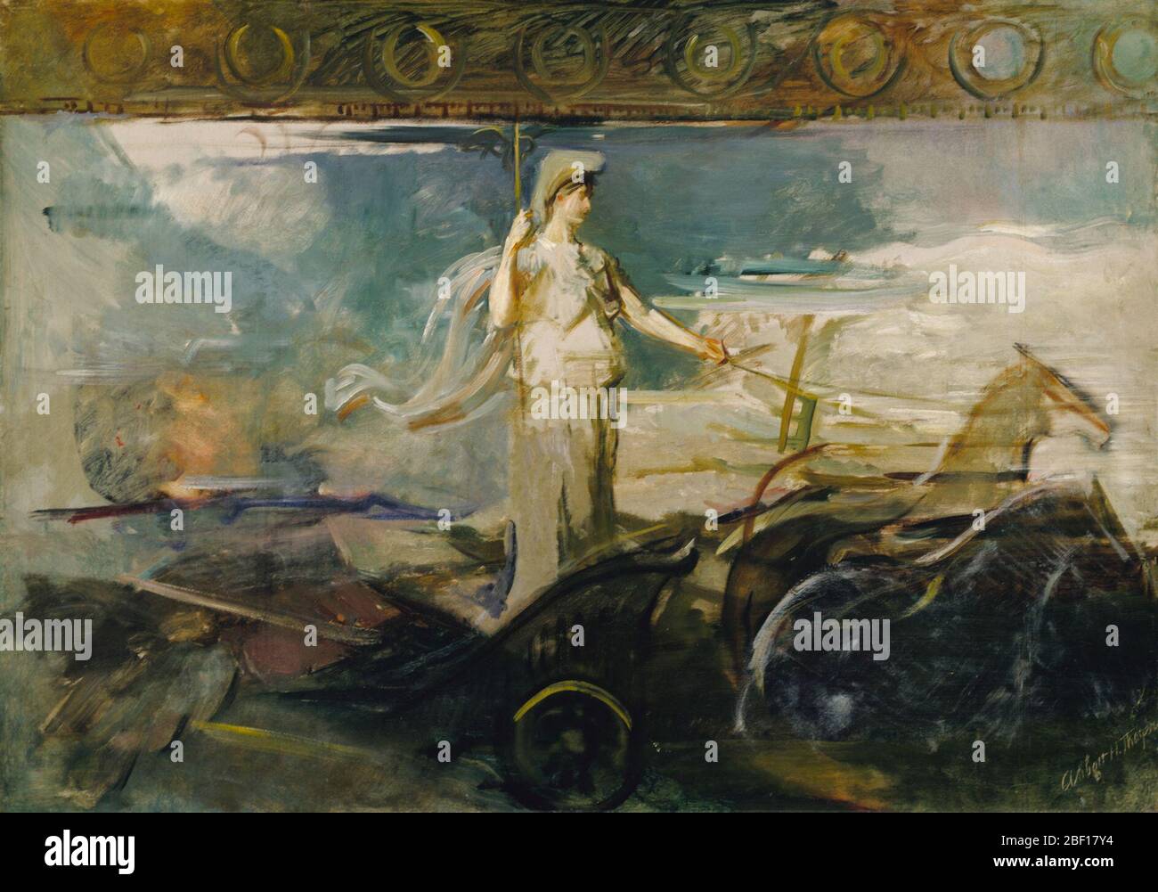 Minerva in un Chariot. Nel 1894 Abbott Thayer vinse una commissione per creare un grande pannello a mosaico della dea Minerva per la Biblioteca del Congresso, e dipinse questo disegno a olio prima di eseguire la versione finale in vetro. Foto Stock