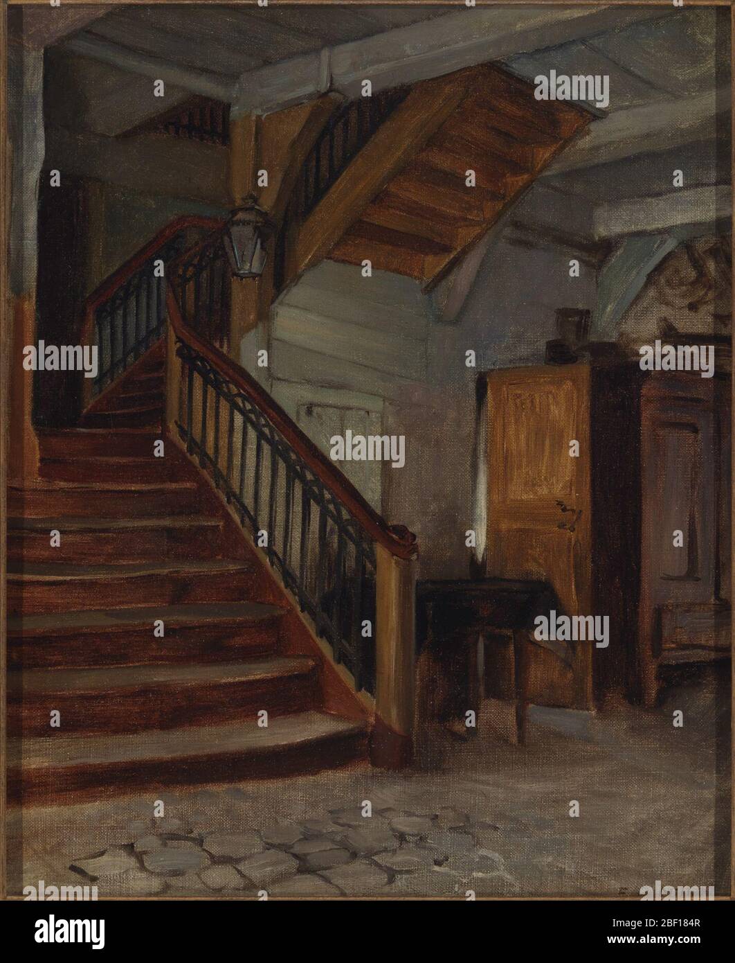 Interno della camera con scala a chiocciola. La Sala interna di Francis Davis Millet con scala a chiocciola mostra una stanza vuota in un luogo indeterminato. Le ombre sfocate e le linee arrotondate e imperfette sottolineano l'apertura di questo angolo disabitato. Foto Stock