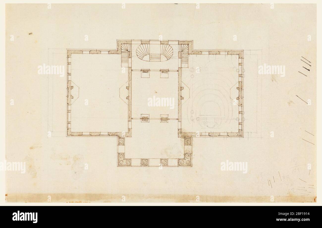 Piano del secondo o terzo piano di una Casa di campagna. Piano superiore della casa, che mostra un grande corridoio centrale, diviso in tre sezioni, e un grande chmaber su entrambi i lati. Un progetto di un piccolo teatro (?) leggermente disegnato a matita nella camera di destra. Foto Stock