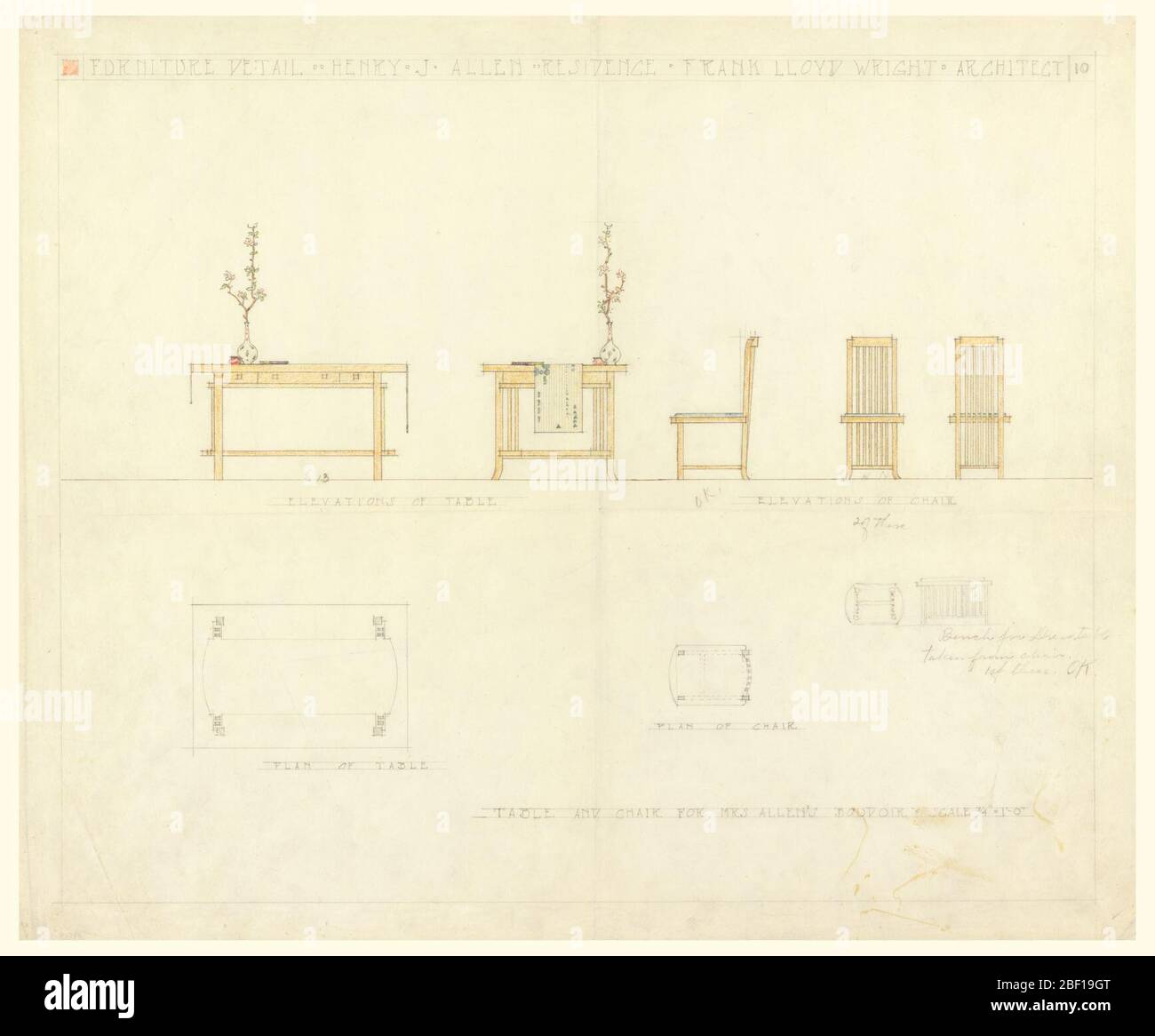 Tavolo e Presidente della sig.ra Allens Boudoir Henry J Allen Residence Wichita Kansas. Foglio diviso in parti superiore e inferiore. La parte superiore da sinistra a destra mostra le viste in elevazione del tavolo (anteriore e laterale); le viste in elevazione della sedia (laterale, rivolto a sinistra; anteriore; posteriore). Strofinaccio, vaso di fiori e libro sedersi sul tavolo. Foto Stock