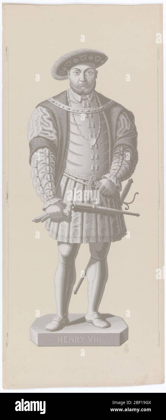 Enrico VIII Serie di otto pannelli, ciascuno con regolo britannico, a tutta lunghezza, in grisaille. Enrico VIII, regnò 1509-47. Foto Stock