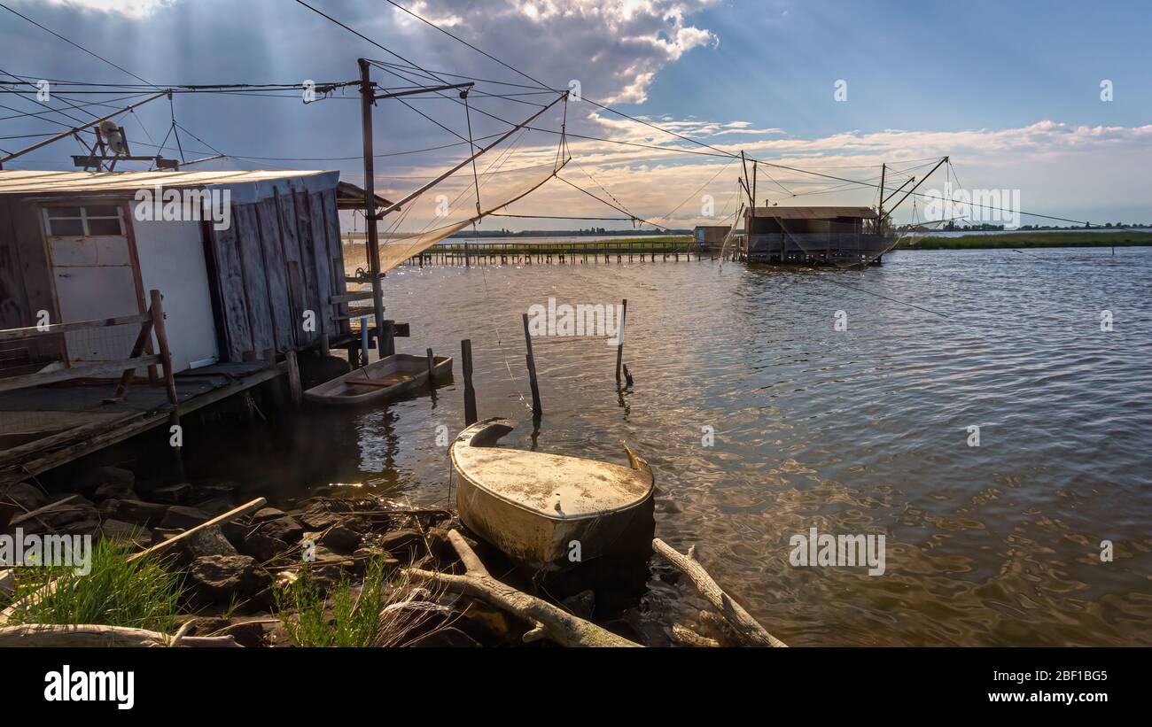 Valli di Comacchio, casotto di pesca, Emilia Romagna, Italia Foto Stock