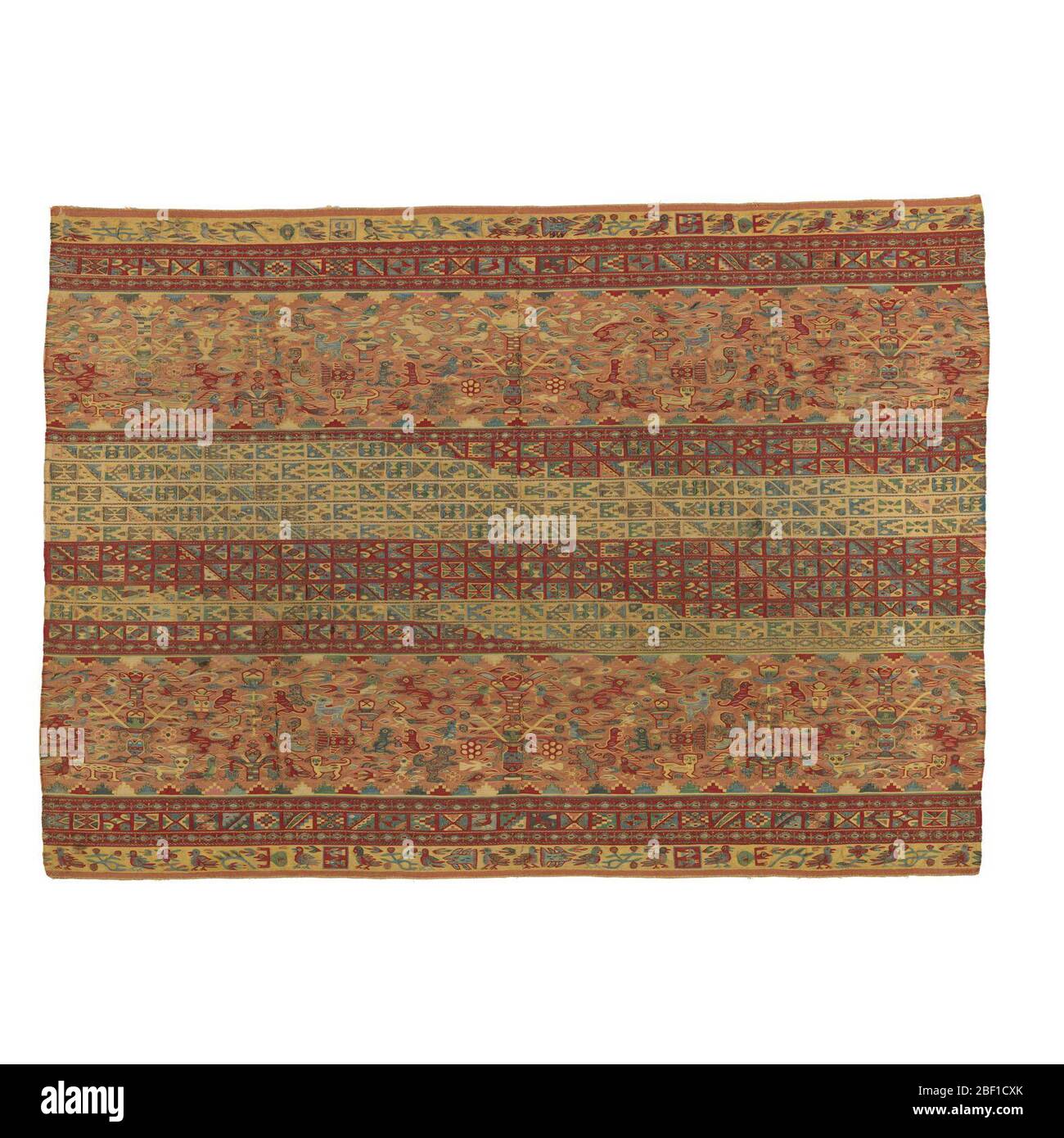 Manto. Mantello decorato con serie di bande orizzontali larghe e strette in rosso, marrone chiaro, crema, giallo chiaro, blu, argento. Foto Stock