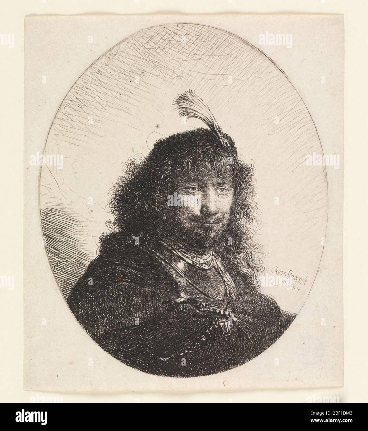 Rembrandt con cappello pirogenato e Sabre ribassata. Composizione ovale. Il ritratto di un uomo, di lunghezza busto, rivolto verso destra. Indossa un cappello pirogetto. Foto Stock