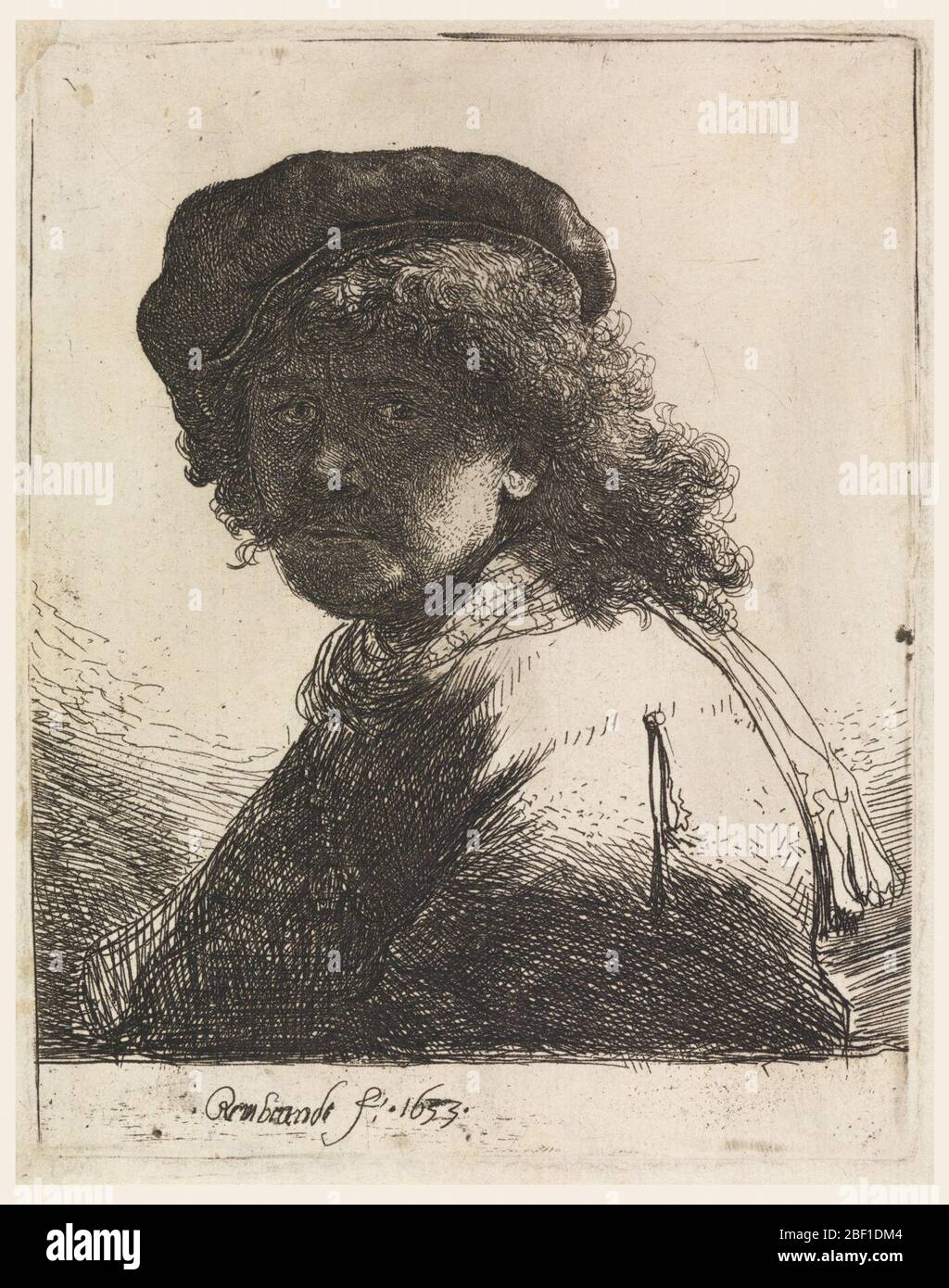 Rembrandt in Cap e sciarpa. Autoritratto dell'artista. Busto, guardando lo spettatore sopra la spalla sinistra. Indossa una sciarpa e un cappuccio scuro. Il volto è quasi completamente in ombra. Foto Stock