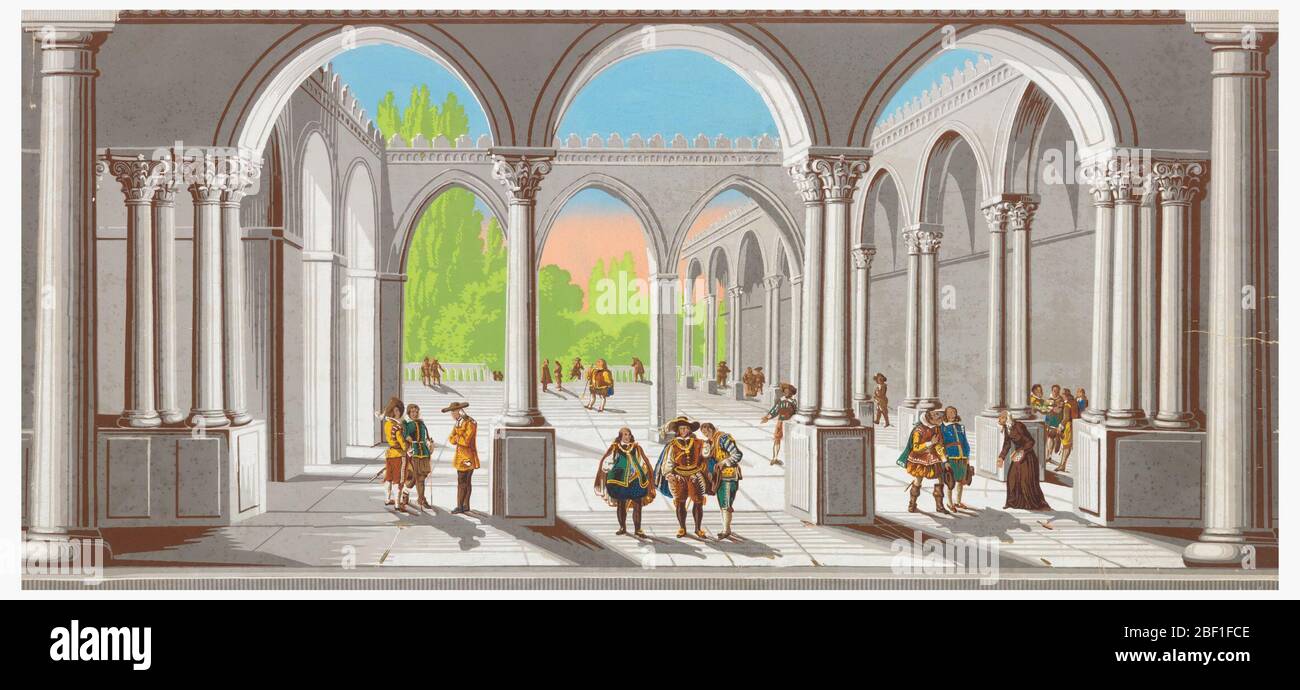 Fregio. Chiostro o cortile aperto visto in prospettiva profonda. Grisaille arcade e portico, con figure in costume del XVI secolo. Paesaggio visto in lontananza attraverso il colonnato. I tratti di pennello sono evidenti in alcuni pigmenti. Foto Stock