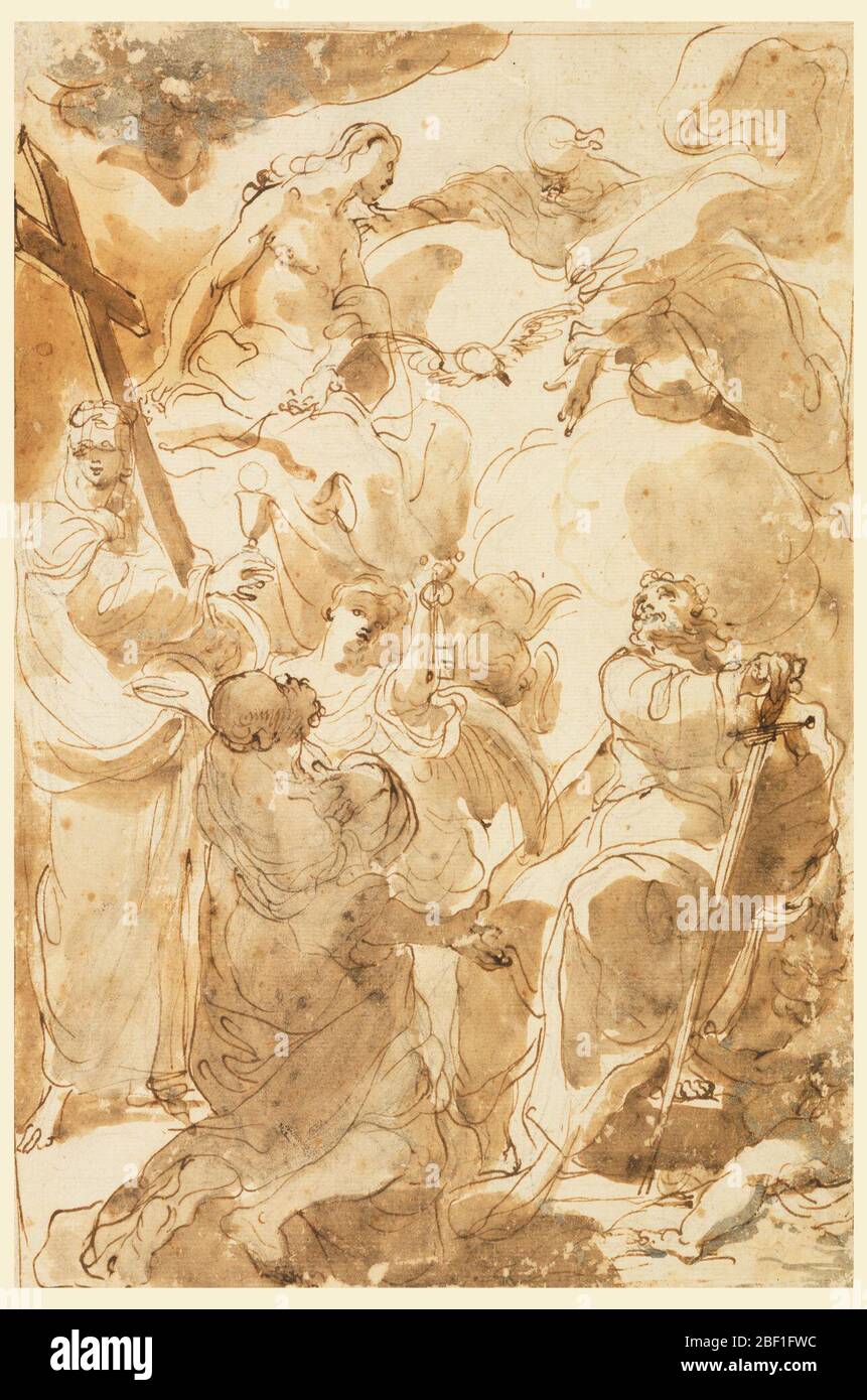 La Trinità e gli Apostoli San Pietro e San Paolo. Disegno del San Pietro inginocchiato che riverisce San Paolo in piedi e appoggiato sulla sua spada con la mano sinistra su un libro che un bambino seduto tiene, mentre guarda la Trinità che appare sulle nuvole. Un angelo si erge dietro St Foto Stock