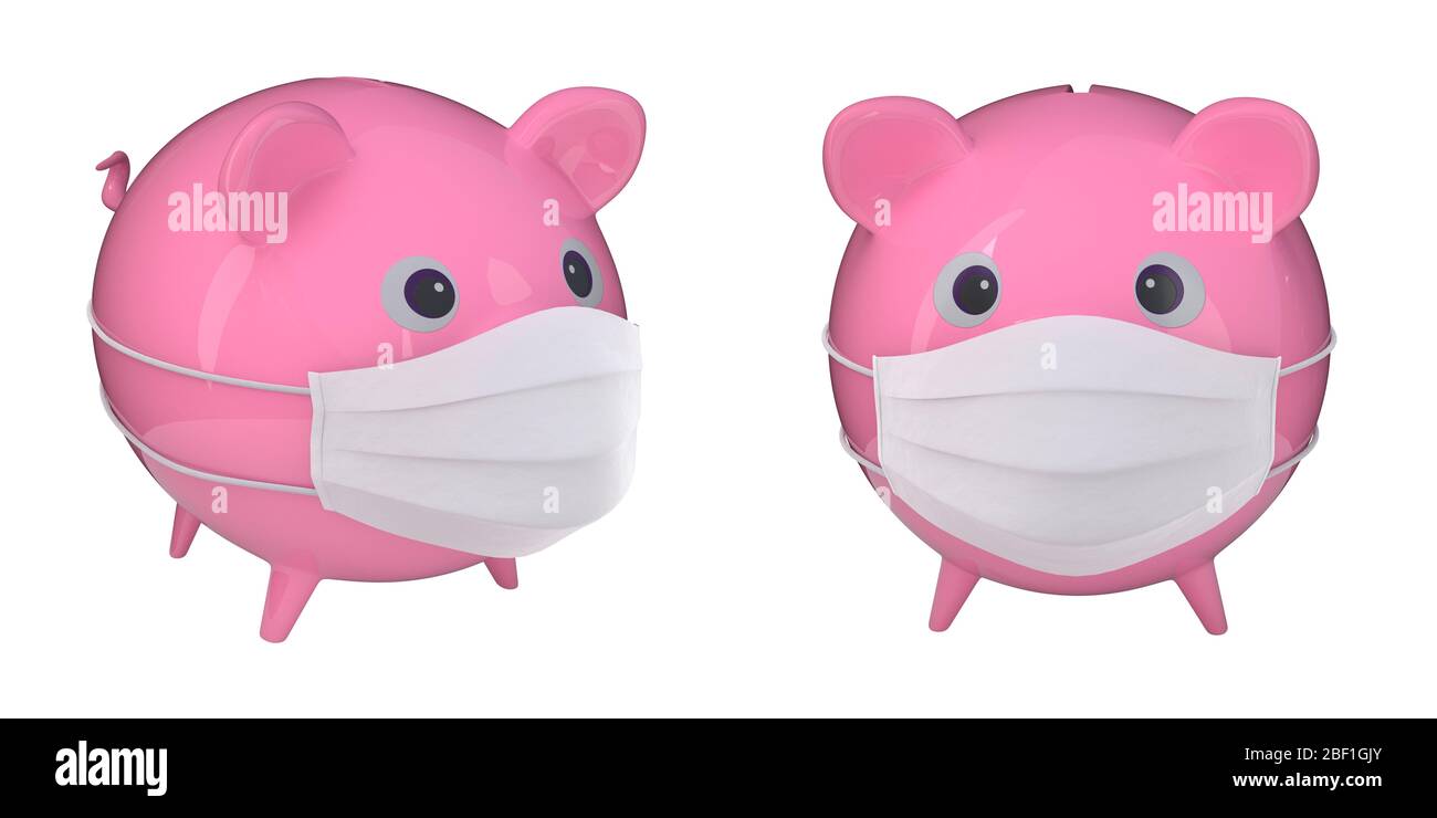 Piggy bank con maschera facciale. Concetto di crisi finanziaria durante la pandemia di coronavirus. immagine 3d Foto Stock