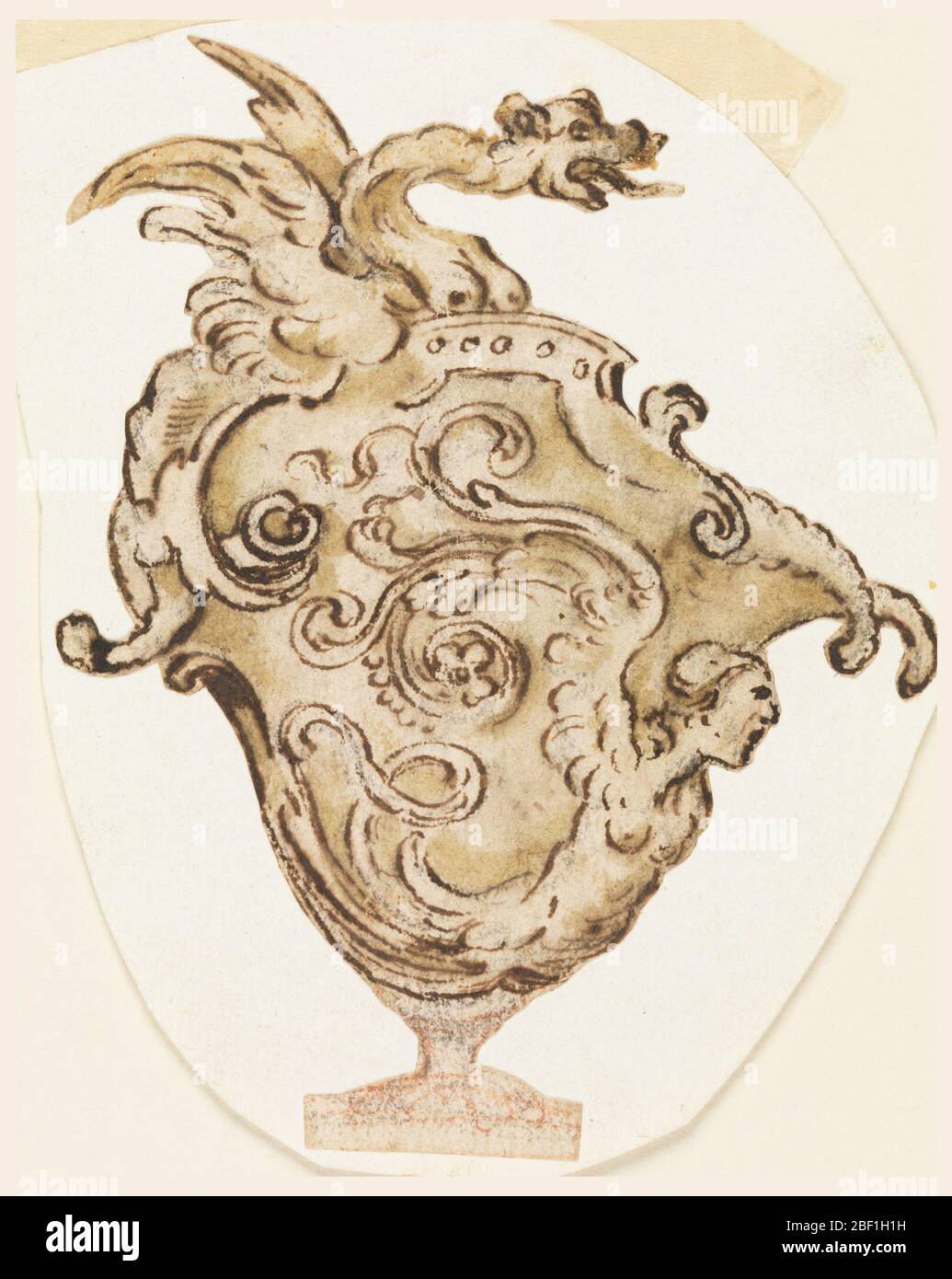 Progettazione di un vaso decorativo. Vaso decorato con ricci e onde e drago come beccuccio sormontato con uomo in ginocchio. Foto Stock