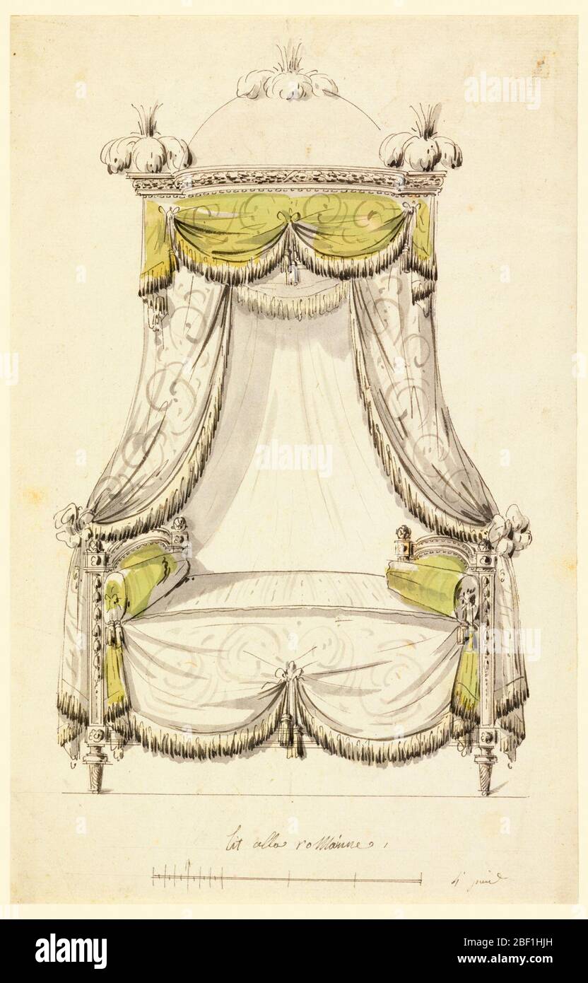 Design per un letto in stile romano. Letto da giorno, appendiabiti sospesi da un baldacchino a cupola decorato con grappoli di piume. I ganci con frange sono incastrati nelle fiocchi. Struttura letto in stile Luigi XIV. Scala sotto. Foto Stock