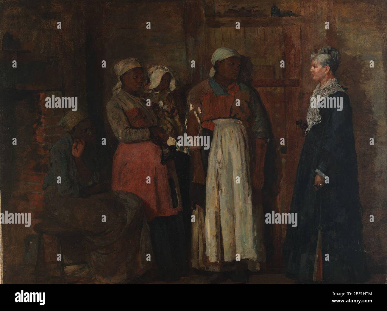 Una visita dalla vecchia Mistress. Una visita della vecchia mistress cattura un incontro tentativo nel sud del dopoguerra. Gli schiavi liberati non sono più obbligati a salutare la loro ex padrona con gesti accoglienti, e uno rimane seduto come non avrebbe potuto fare prima della guerra. Foto Stock