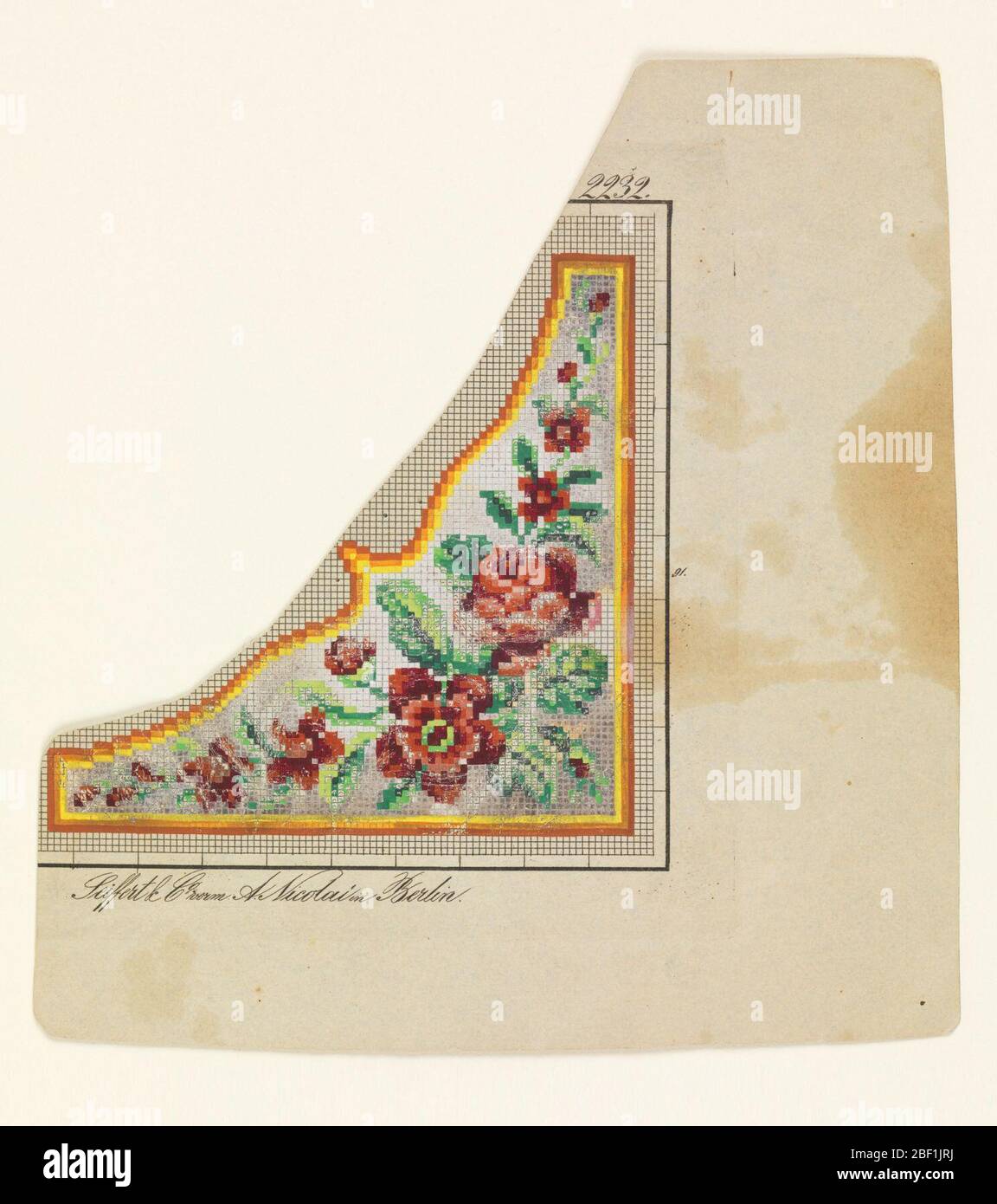 Design per tessile. Un modello per un disegno d'angolo, composto da fiori e foglie all'interno di una cornice. Foto Stock