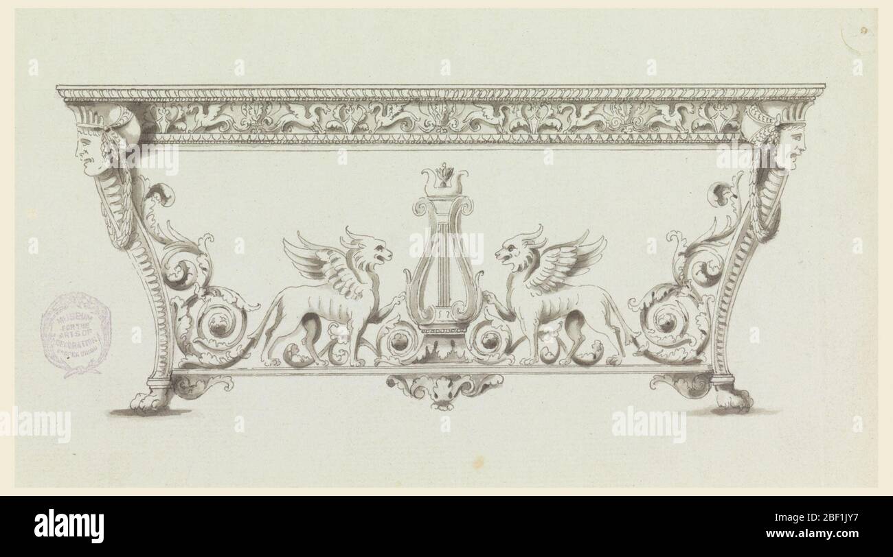 Elevazione di un tavolo console. Gambe curve con la testa femminile sulla parte superiore. I griffins fiancheggiano una lira sulla sporgenza che collega le gambe. Le loro code terminano con dei rinceaux che si alzano lungo le gambe. Il fregio del piano del tavolo mostra un fregio di palmeti e griffin. Foto Stock