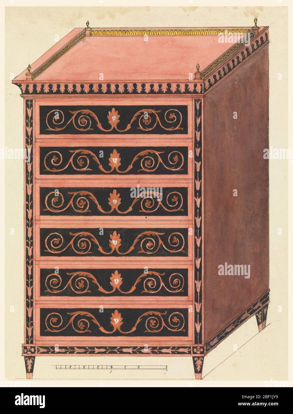 Design per cassettiere. Cassettiera a sei cassetti decorata in intarsi di arabesques. Pier e cornicione in forme di piante stilizzate. Una galleria di metallo con le finiture agli angoli sopra. Pezzo mostrato in proiezione isometrica. Scala sotto. Foto Stock