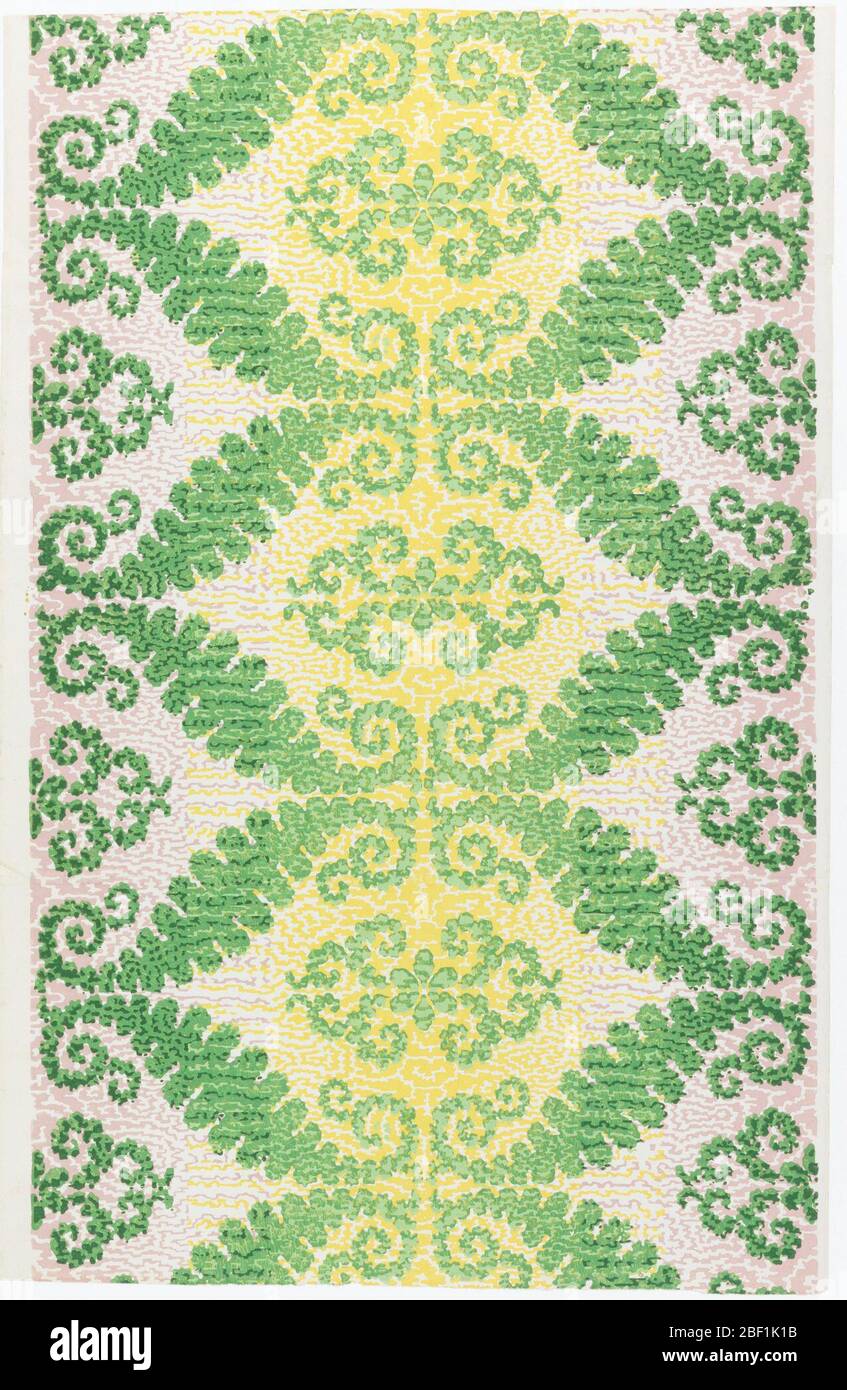 Parete laterale. Stampato a imitazione di irisé o carta arcobaleno. Il disegno si basa su una figura orizzontale, approssimativamente esagonale, delineata in verde. Foto Stock