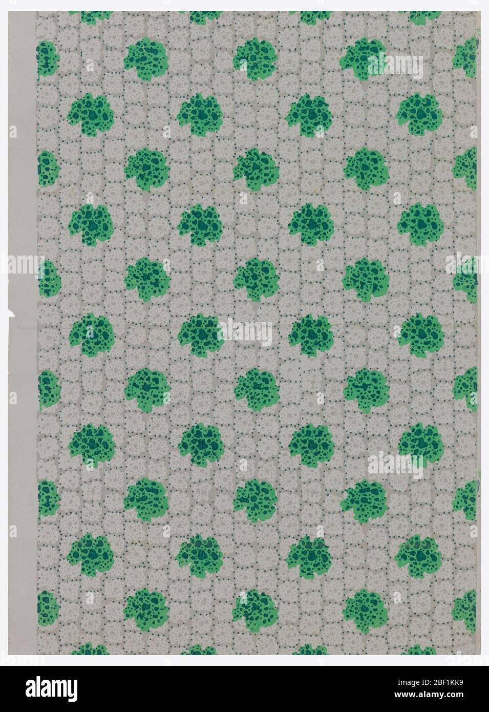 Parete laterale. A) motivi circolari irregolari verdi su motivi circolari irregolari di colore grigio chiaro su sfondo grigio scuro. Punti neri complessivi. Verde, sfumature di grigio e nero.H n. 360 Foto Stock