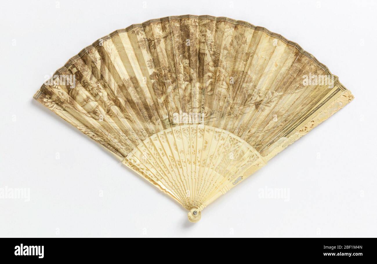 Ventola pieghettata. Ventola pieghettata. Foglia di pergamena con disegno a penna e inchiostro che mostra la scena baccanaliana del Selenus ubriaco, una figura legata a Dioniso e festival d'epoca, che giace in compagnia del suo retinue. Foto Stock