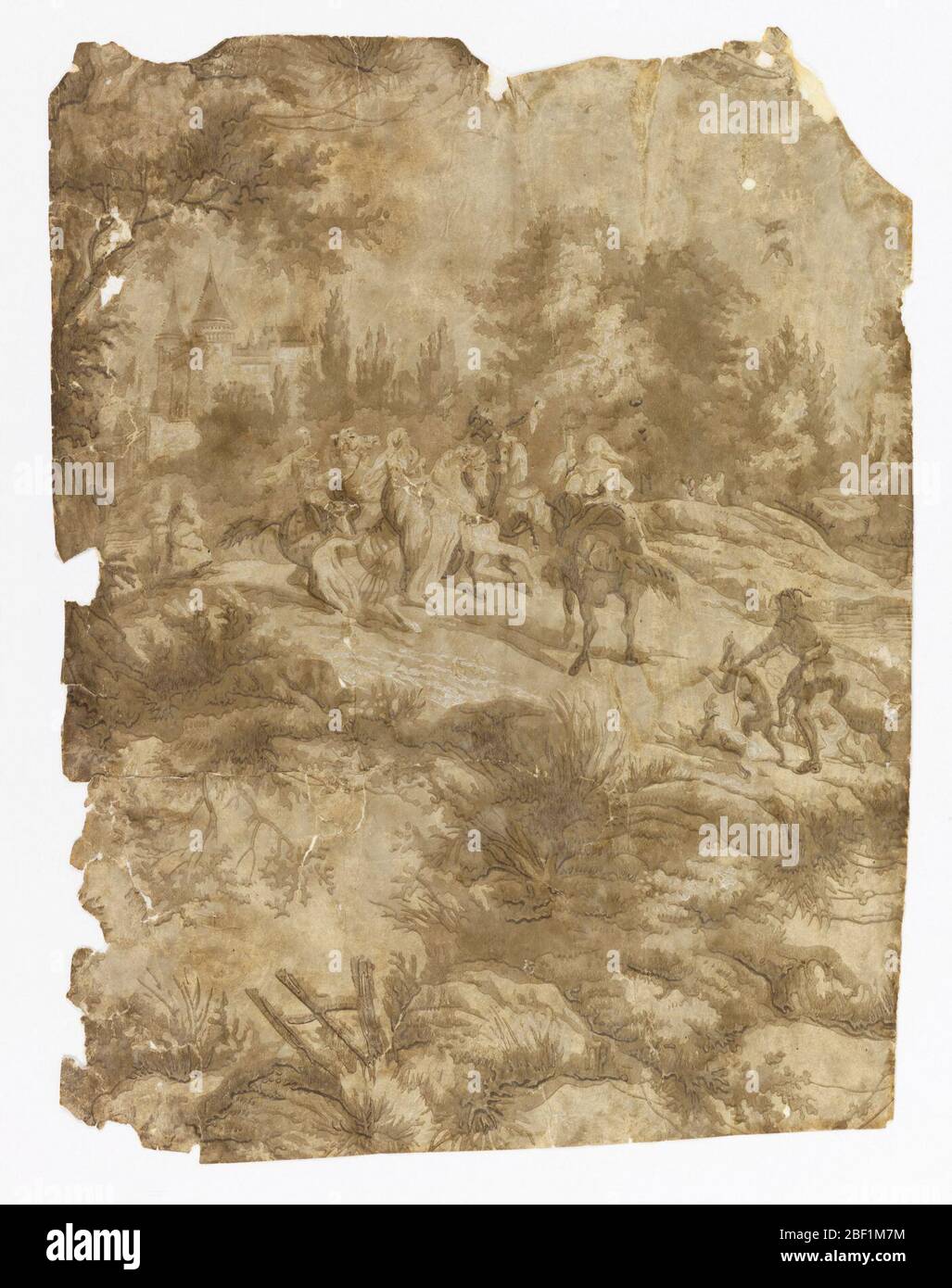 Parete laterale. Porzione verticale di carta che fornisce parte di un disegno ripetitivo. Festa di Hawking su cavalli, con gli assistenti a piedi, e cani; castello in background, e la struttura serpentina del fogliame. Foto Stock