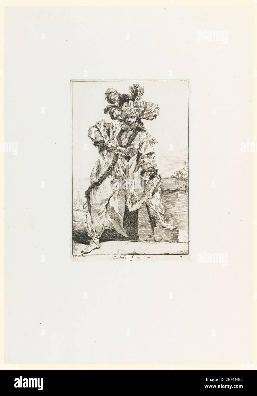 Bacha de Caramanie A Pasha da Karamin Plate 7 da Caravanne du Sultan la Mecque il Sultans Caravan a Mecca. L'uomo barbuto in costume turco si appoggia (o si siede) su una parete con il paesaggio oltre. La sua mano sinistra è aperta sul ginocchio, palma su e indice dito e pollice esteso. Indossa un grande turbante ornato e gioioso. Di seguito, il titolo e le iniziali dell'artista. Foto Stock