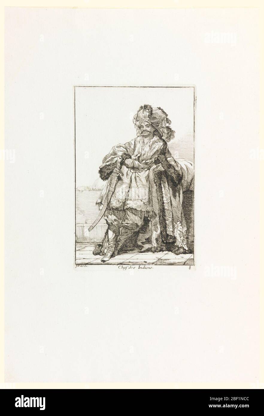 Chef des Indiens Indian Chief Plate 8 della serie Caravanne du Sultan a la Mecque Caravan di un Sultano che va alla Mecca. Uomo con baffi scuri appoggia contro la parete bassa. Entrambe le mani alla cintura, dalla quale pende una lunga spada curva. Affronta frontalmente, e indossa un turbante a strisce rigide con pelliccia, piume e perle. Foto Stock