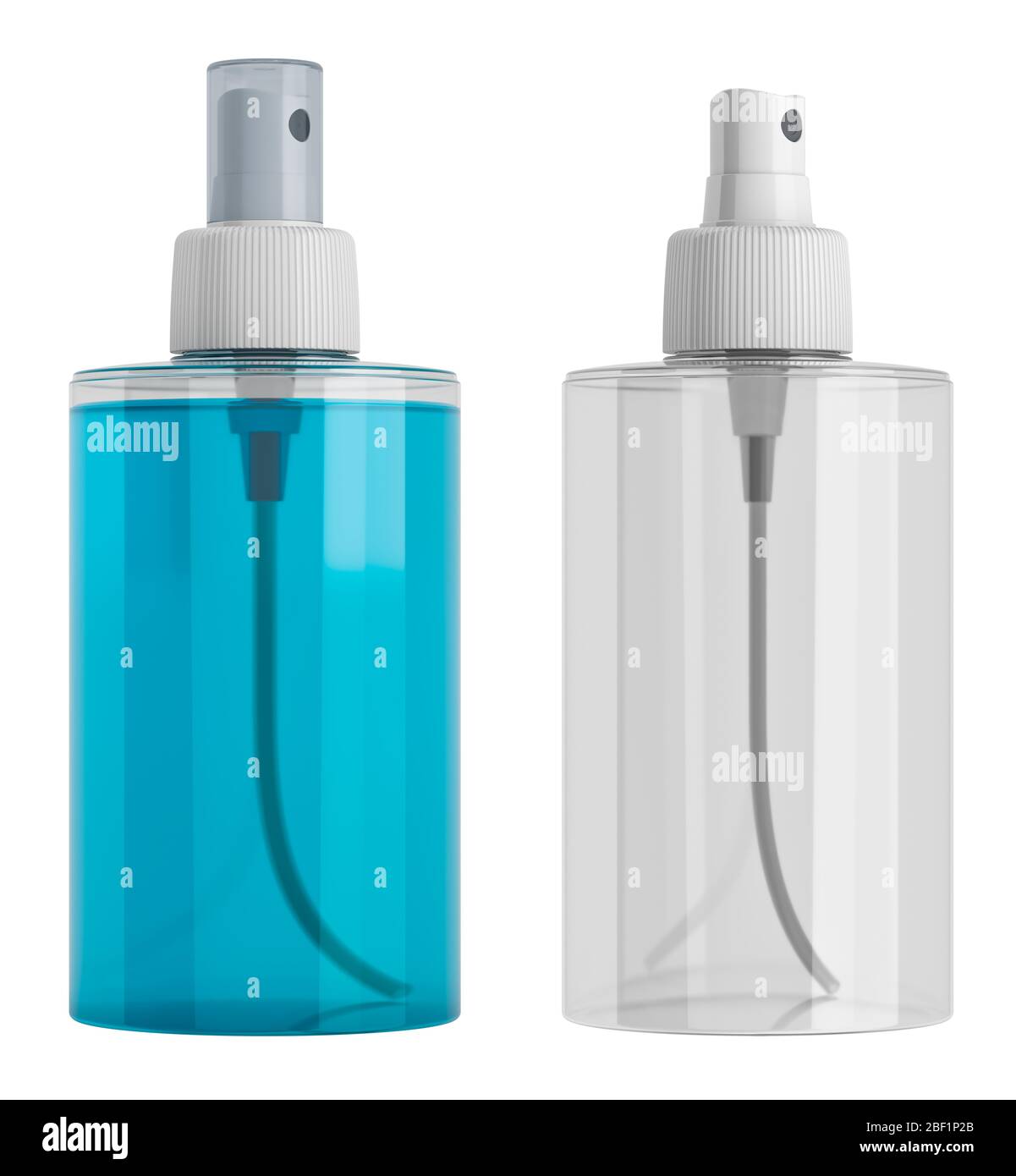 Flacone trasparente spray in plastica con liquido blu e flacone