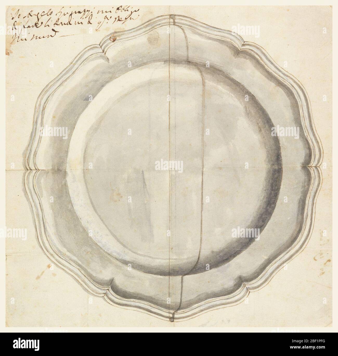 Due piastre in argento. Piastre rotonde, un lato con bordo sagomato curvo. Scritto nell'inchiostro, nell'angolo in alto a sinistra: 'Io Angelo Spirazzi mi obligo/ di fare li tondini di questa stessa misura.' Altro lato: Con bordo sagomato rotondo. Viene indicata la sezione. Foto Stock