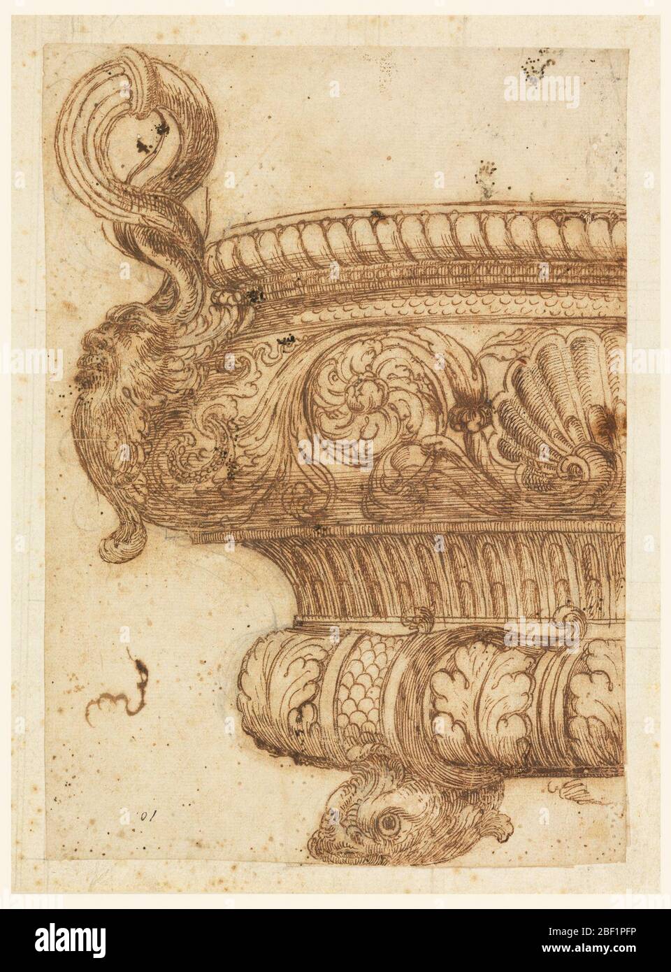 Design per Jardinire. Obverse: I leoni sono mostrati in profilo, rivolti l'uno verso l'altro. Si innestano le sfere con le zampe anteriori, ruotate indietro. A destra, rovescia la parte superiore di un telaio stampato, la cui parte centrale sporge. Foto Stock