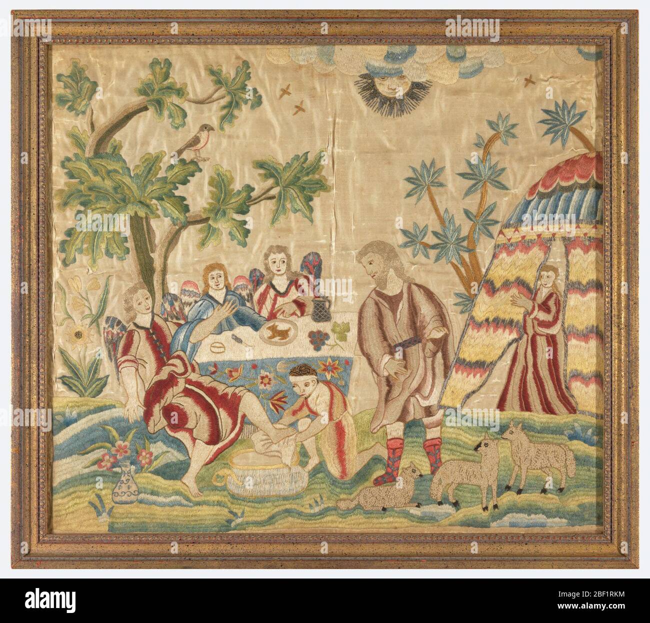 Immagine ricamata. Illustrando un soggetto biblico, la visita dei tre angeli ad Abramo. Un servo di Abramo sta lavando i piedi di uno degli ospiti; altri due sono seduti ad un tavolo che è stato preparato sotto l'albero. Sarah appare nella porta della sua tenda. Foto Stock