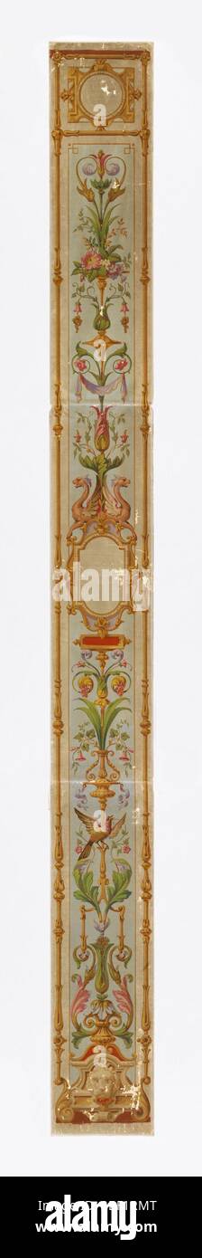 Parete laterale. Striscia verticale incorniciata in tre sezioni separate. Bordate un germoglio di vegetazione simile a un'asta, circondato da un terreno color crema. Campo all'interno del bordo blu, con scorie e ghirlande; medaglioni in due sezione superiore, uccelli in sezione inferiore. Foto Stock