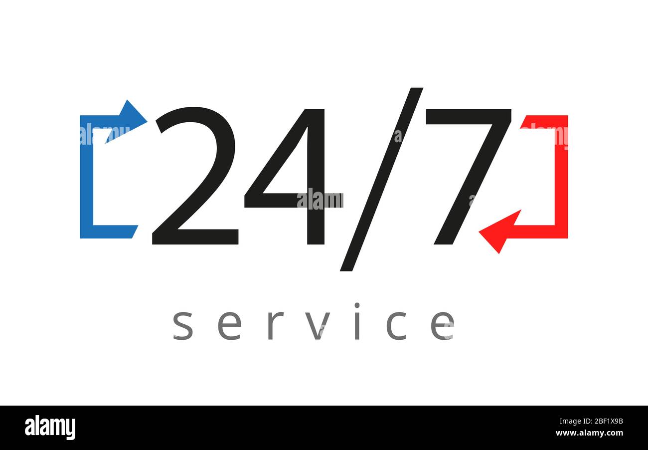 il cartello di servizio è aperto 24 ore al giorno e 7 giorni alla settimana su sfondo bianco. Piastra, banner, oggetto isolato. Illustrazione Vettoriale