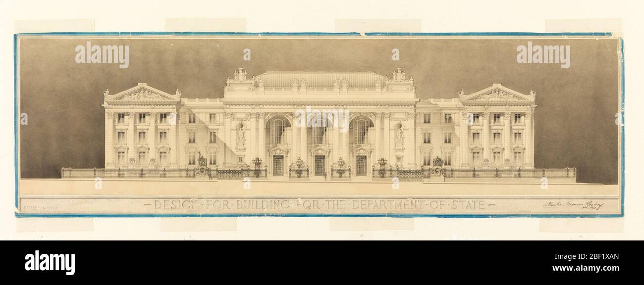 Progettazione per la costruzione del dipartimento di stato. Grande edificio classico, facciata porticata e ali di pedimentato. SOTTO: DISEGNO PER COSTRUZIONE PER IL REPARTO DI STATO; IN BASSO A SINISTRA: SCALA - 1/16' = 1'0. Foto Stock