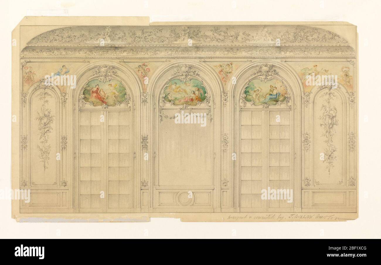 Disegno elevazione della finestra del salotto della casa di Herman Oelrichs New York. Una baia ad arco divide due finestre ad arco, ciascuna sormontata da pannelli dipinti in telai a rocaille, nello stile di Germain Boffrand. Foto Stock