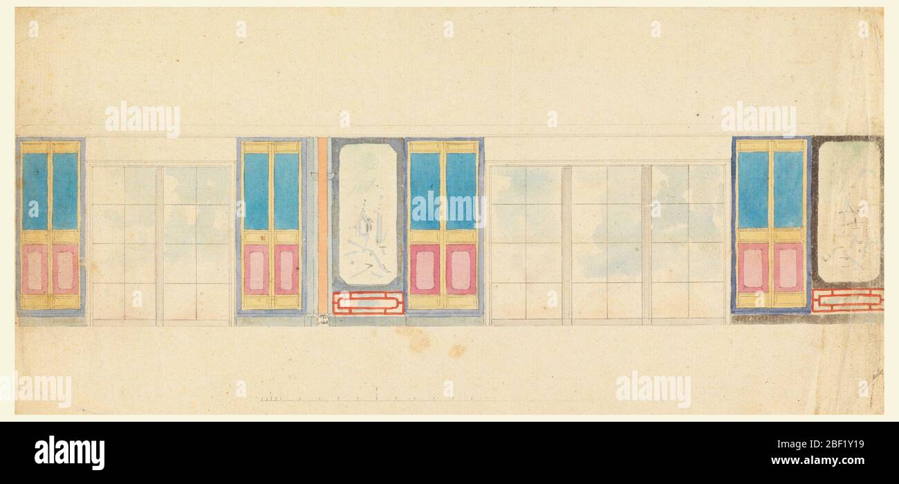 Design per la decorazione delle pareti delle finestre possibilmente per la Biblioteca Royal Pavilion Brighton. Elevazione di un lungo muro, con un paio di finestre a sinistra, e un gruppo di tre a destra. Pannelli stretti con campi neutri, nonché pannelli con scene cinesi tra loro. Pannelli sopra le finestre e cornici sopra non riempiti. Foto Stock