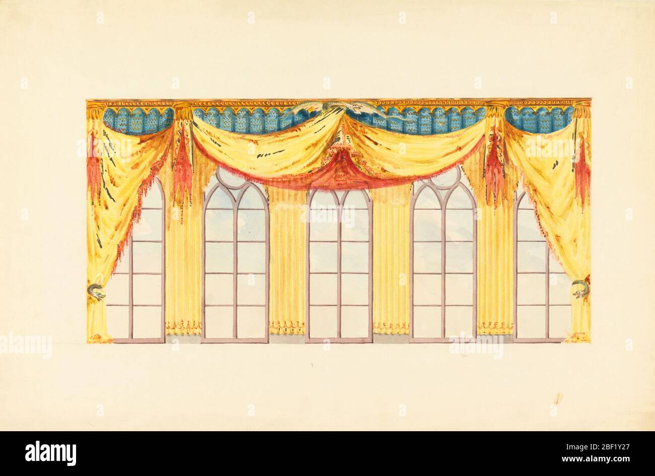 Design per tende per la Music Room o la Banqueting Room Brighton Royal Pavilion. Elevazione di un muro, che mostra un disegno per la decorazione delle cinque finestre. Le cigno di giallo e drappeggi cremisi sono sorretti al centro da un drago volante e legati ai lati da serpenti. Foto Stock